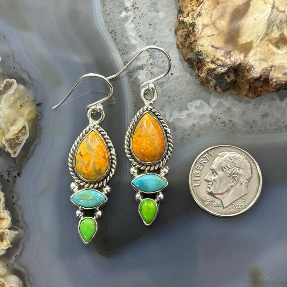 Sterling Silver Southwestern Style Multistone Dangle Earrings For Women #2 - Picture 8 of 10